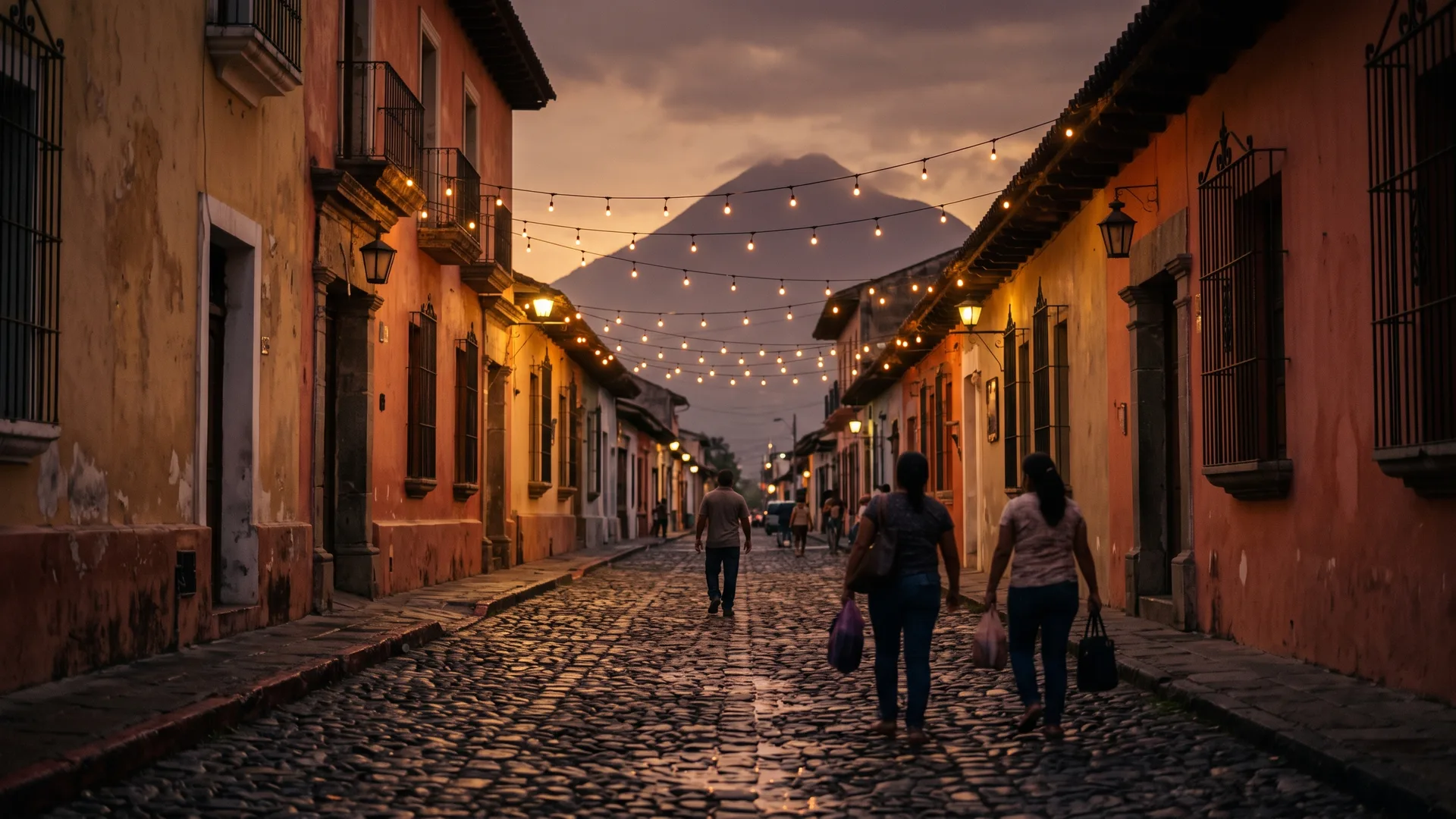 A colonial street in El Salvador at dusk, string lights strung overhead and a volcano beyond