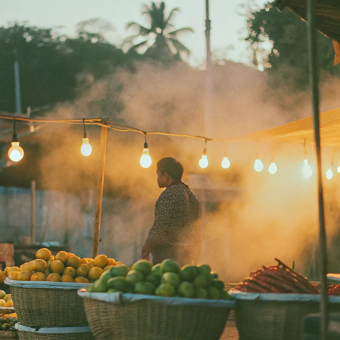 A Salvadoran market at dusk, hanging bulbs and produce, where the journey begins