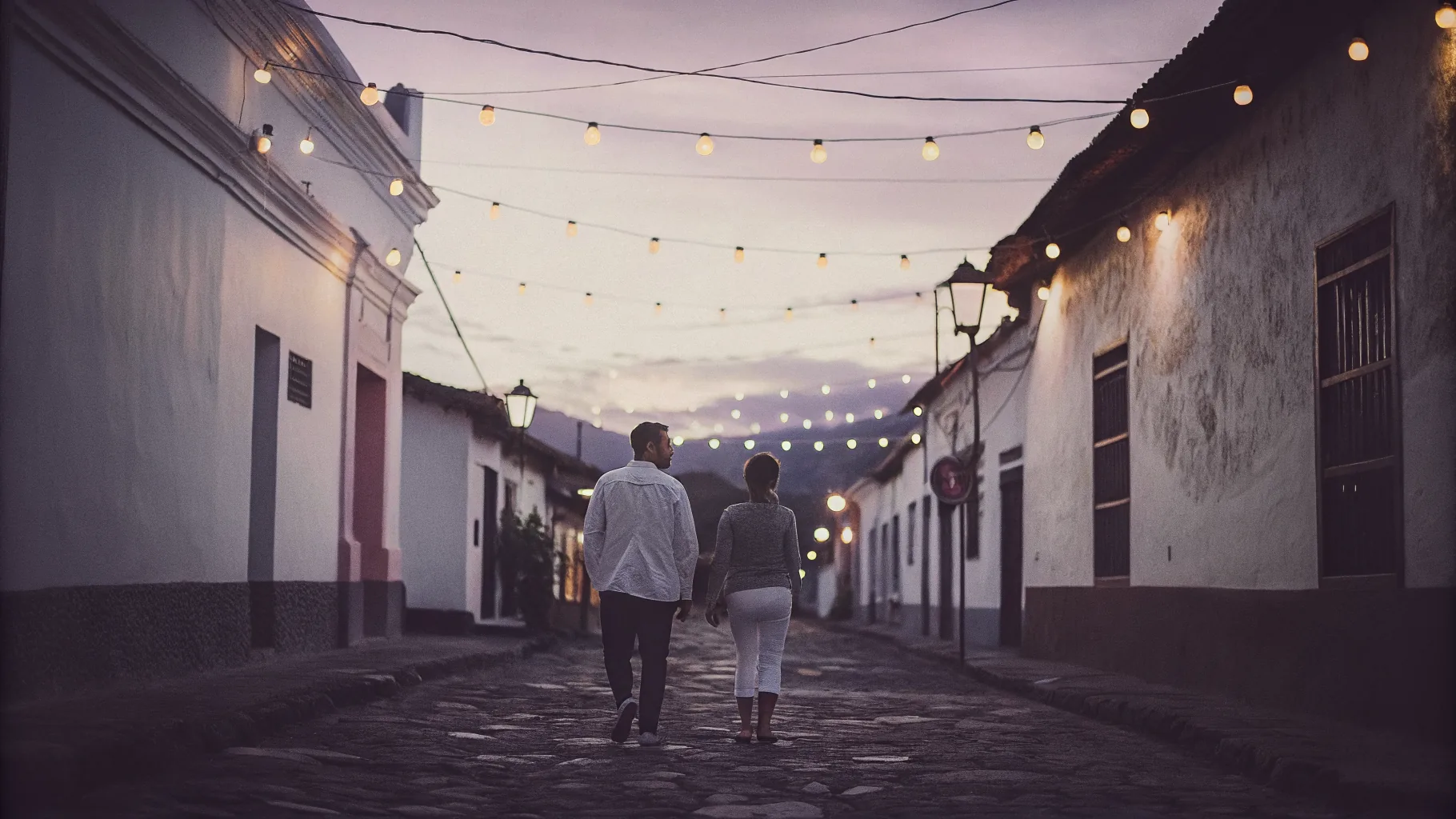 A colonial street in El Salvador at dusk, string lights overhead and a volcano beyond