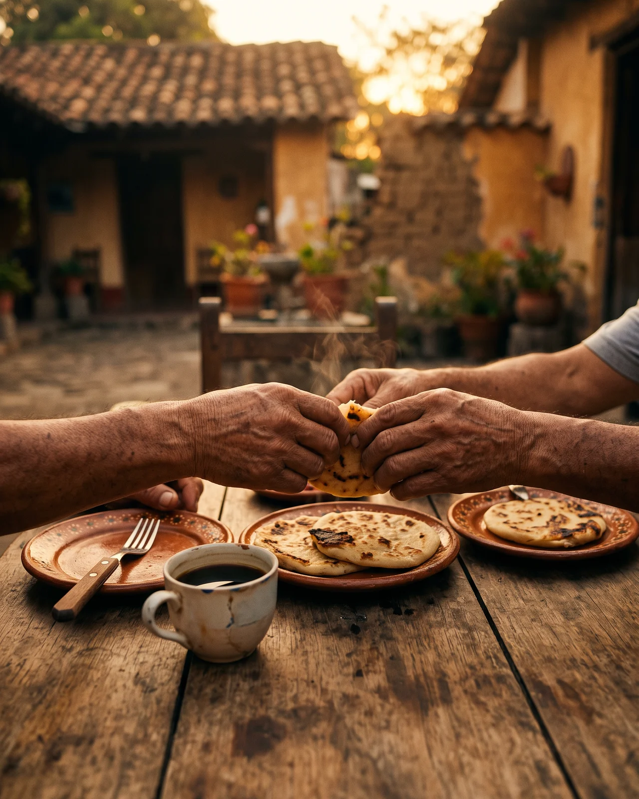 Two people sharing a meal by hand across a rustic table in El Salvador at golden hour