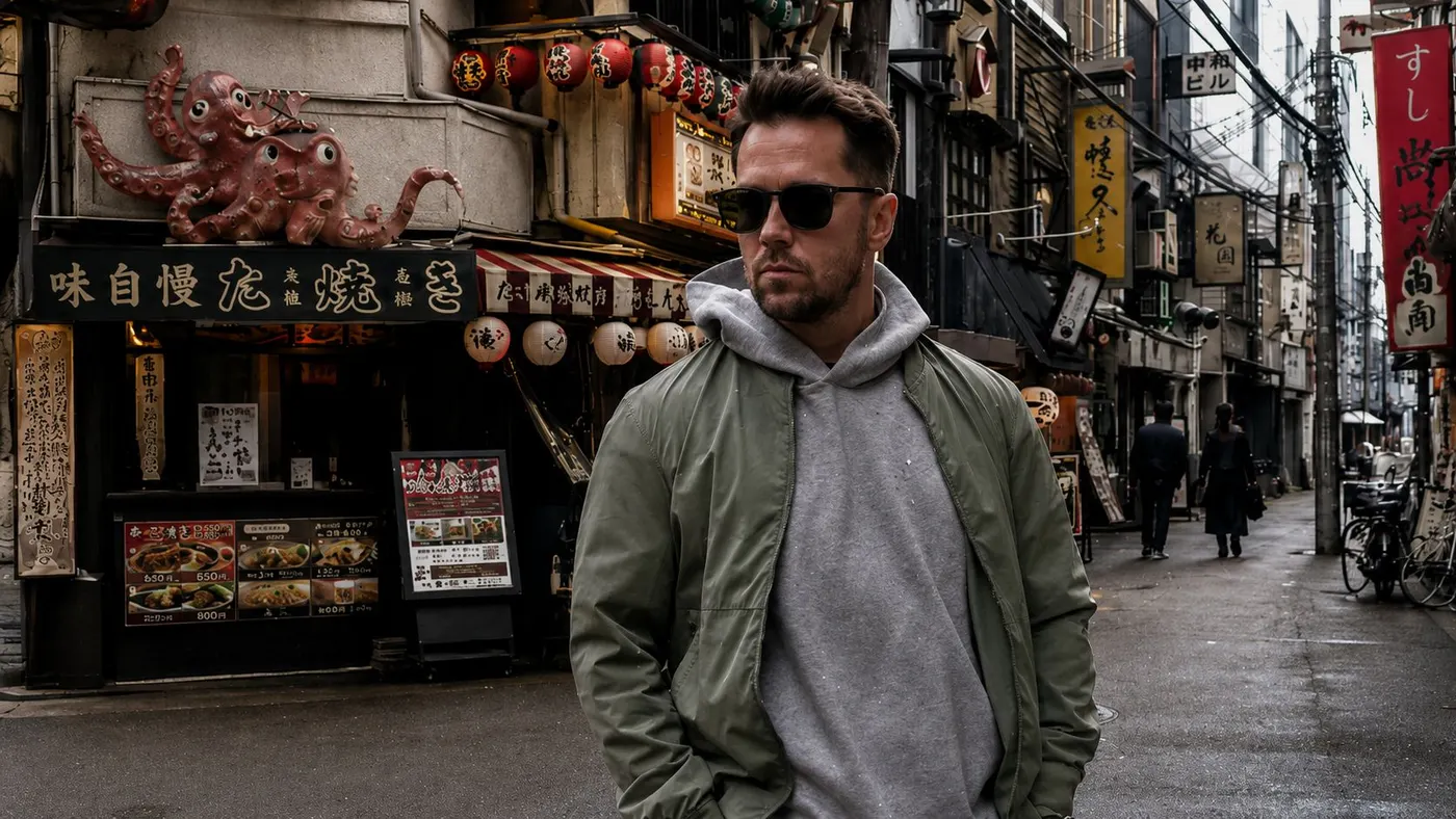Ricky Seaman on the road in a night market